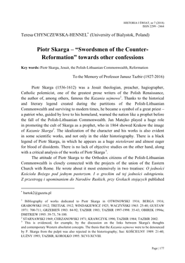Piotr Skarga – “Swordsmen of the Counter- Reformation” Towards Other Confessions