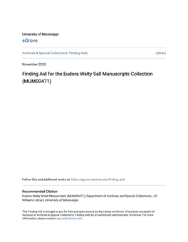 Finding Aid for the Eudora Welty Sall Manuscripts Collection (MUM00471)