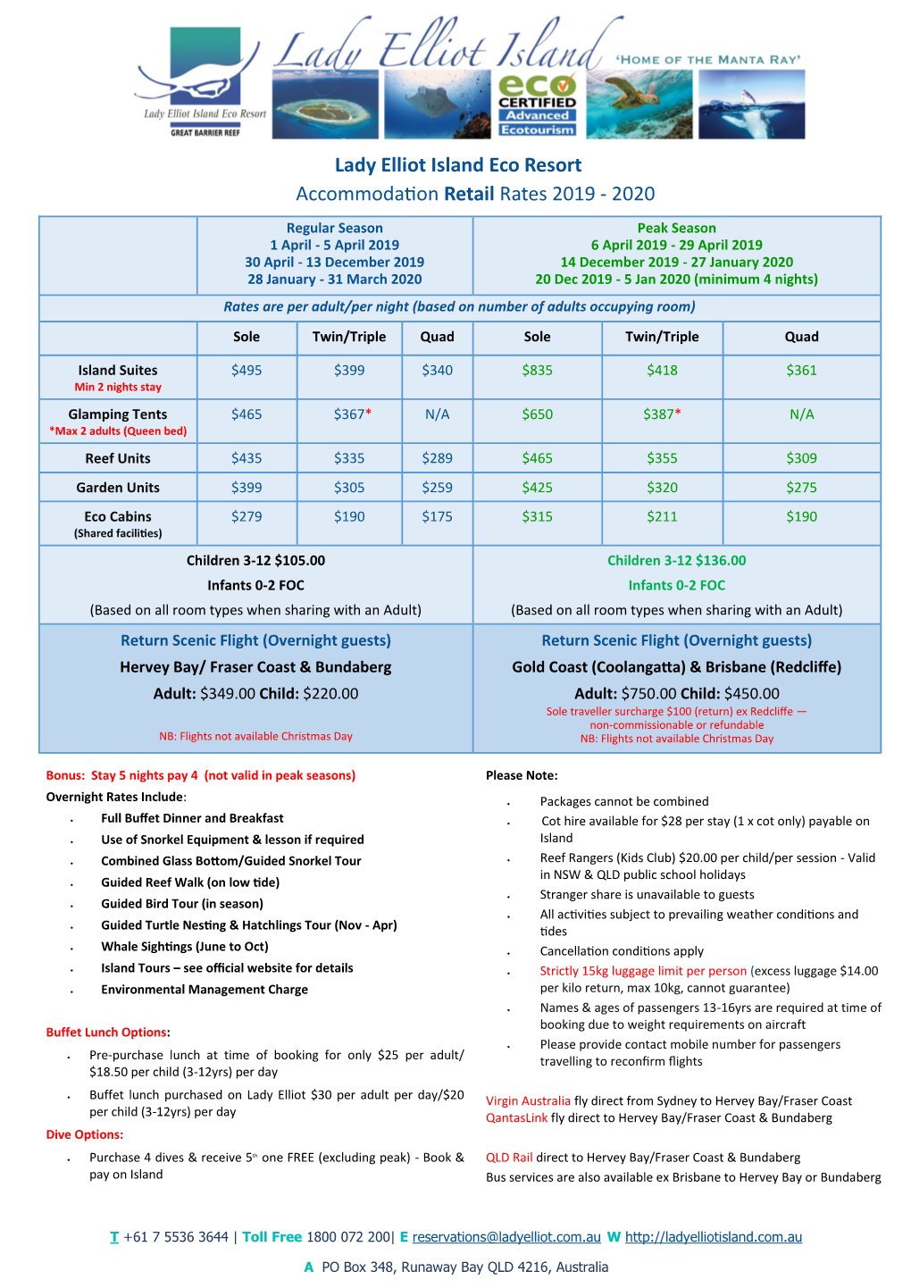 Lady Elliot Island Eco Resort Accommodation Retail Rates 2019 - 2020