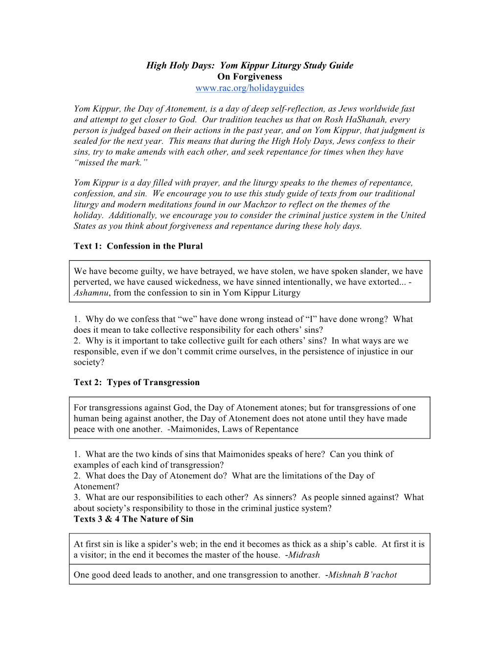 High Holy Days: Yom Kippur Liturgy Study Guide on Forgiveness