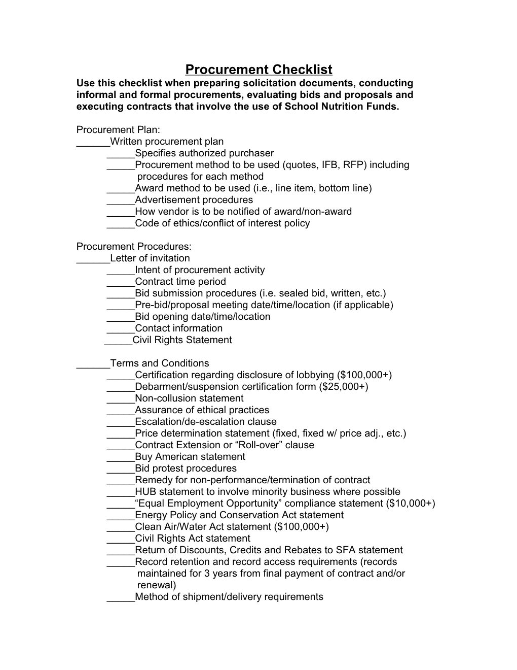 Procurement Checklist