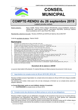 COMPTE-RENDU DE LA REUNION DU CONSEIL MUNICIPAL DU 26 Septembre 2019 CONSEIL