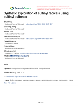 Synthetic Exploration of Sul Nyl Radicals Using Sul Nyl Sulfones