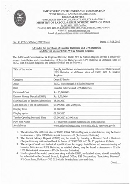 EMPLOYEES' STATE INSURANCE COR.PORATION MINISTRY of LABOUR & EMPLOYMENT, GOVT. of INDIA E-Tender for Purchase of Inverter Ba