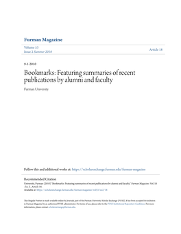 Featuring Summaries of Recent Publications by Alumni and Faculty Furman University