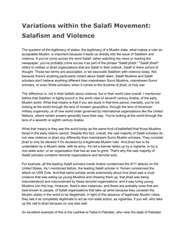 Variations Within the Salafi Movement: Salafism and Violence