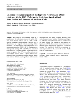 On Some Ecological Aspects of the Lugworm Abarenicola Affinis Chiliensis Wells, 1963 (Polychaeta: Scolecida: Arenicolidae) From