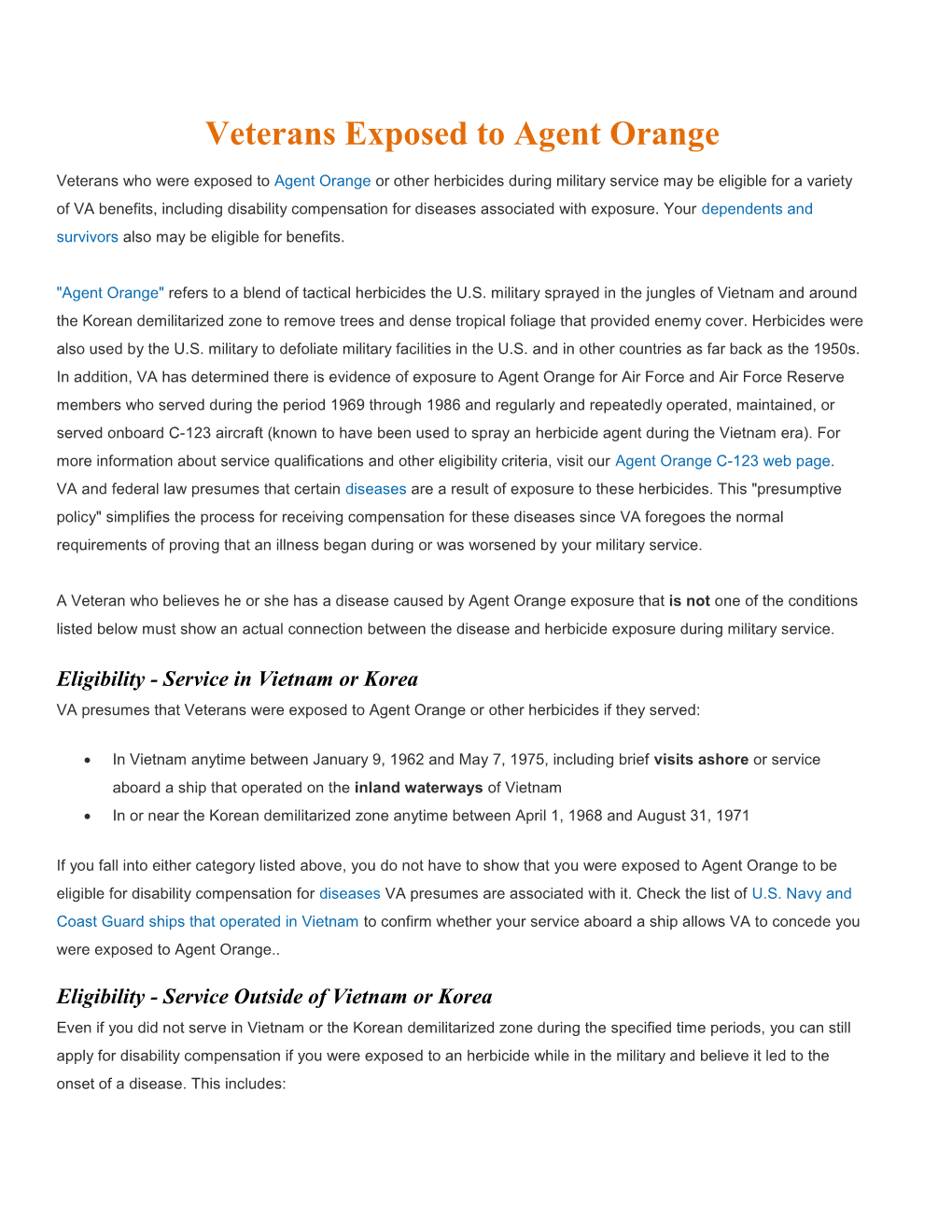 Herbicide Exposures and Ships List