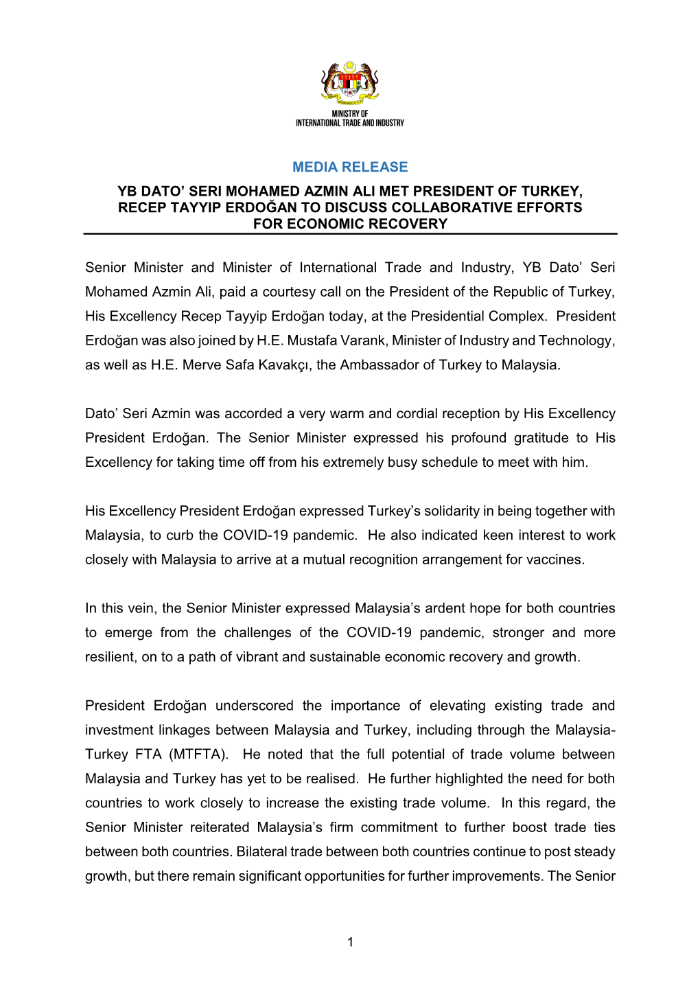 Media Release Yb Dato' Seri Mohamed Azmin Ali Met