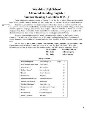 Woodside High School Advanced Standing English I Summer Reading Collection 2018-19 Please Complete the Summer Reading by August 15, the First Day of School