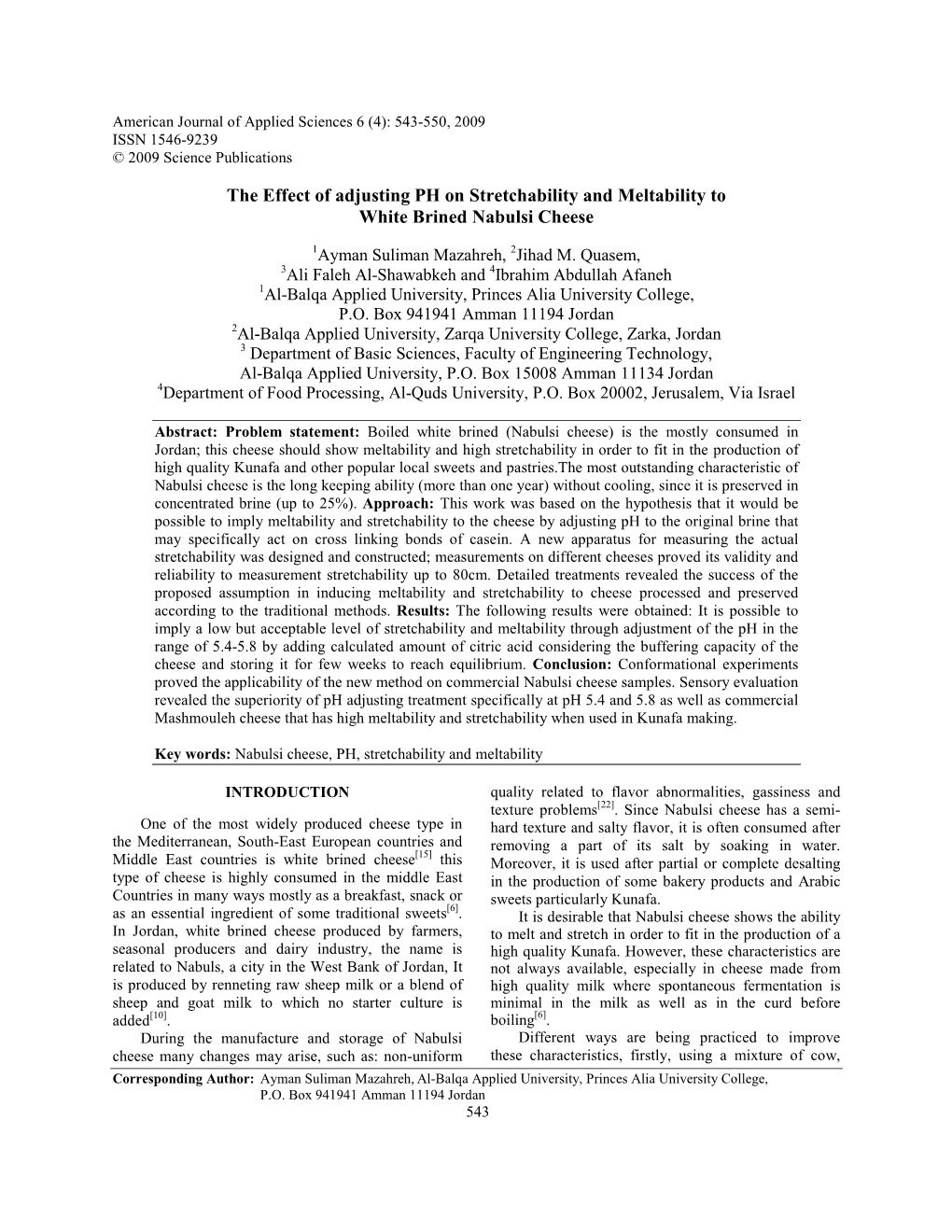 The Effect of Adjusting PH on Stretchability and Meltability to White Brined Nabulsi Cheese