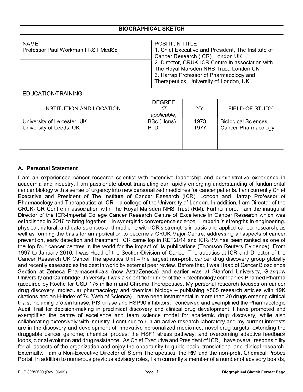 Biographical Sketch Format Page