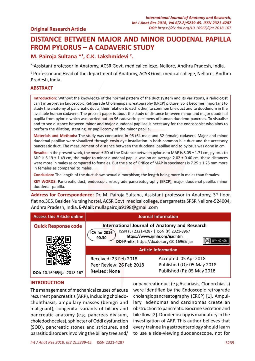 Distance Between Major and Minor Duodenal Papilla from Pylorus – a Cadaveric Study M