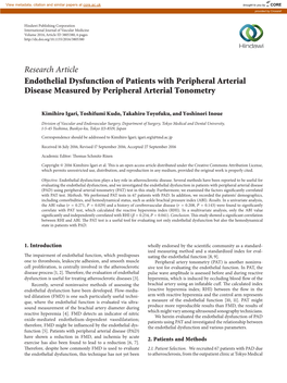 Research Article Endothelial Dysfunction of Patients with Peripheral Arterial Disease Measured by Peripheral Arterial Tonometry