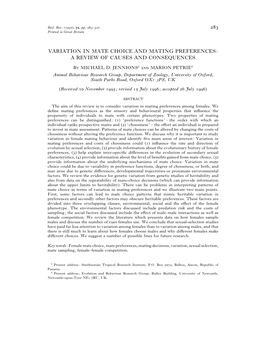 Variation in Mate Choice and Mating Preferences: a Review of Causes and Consequences " # B Michael D