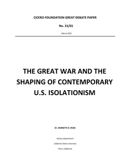 The Great War and the Shaping of Contemporary U.S