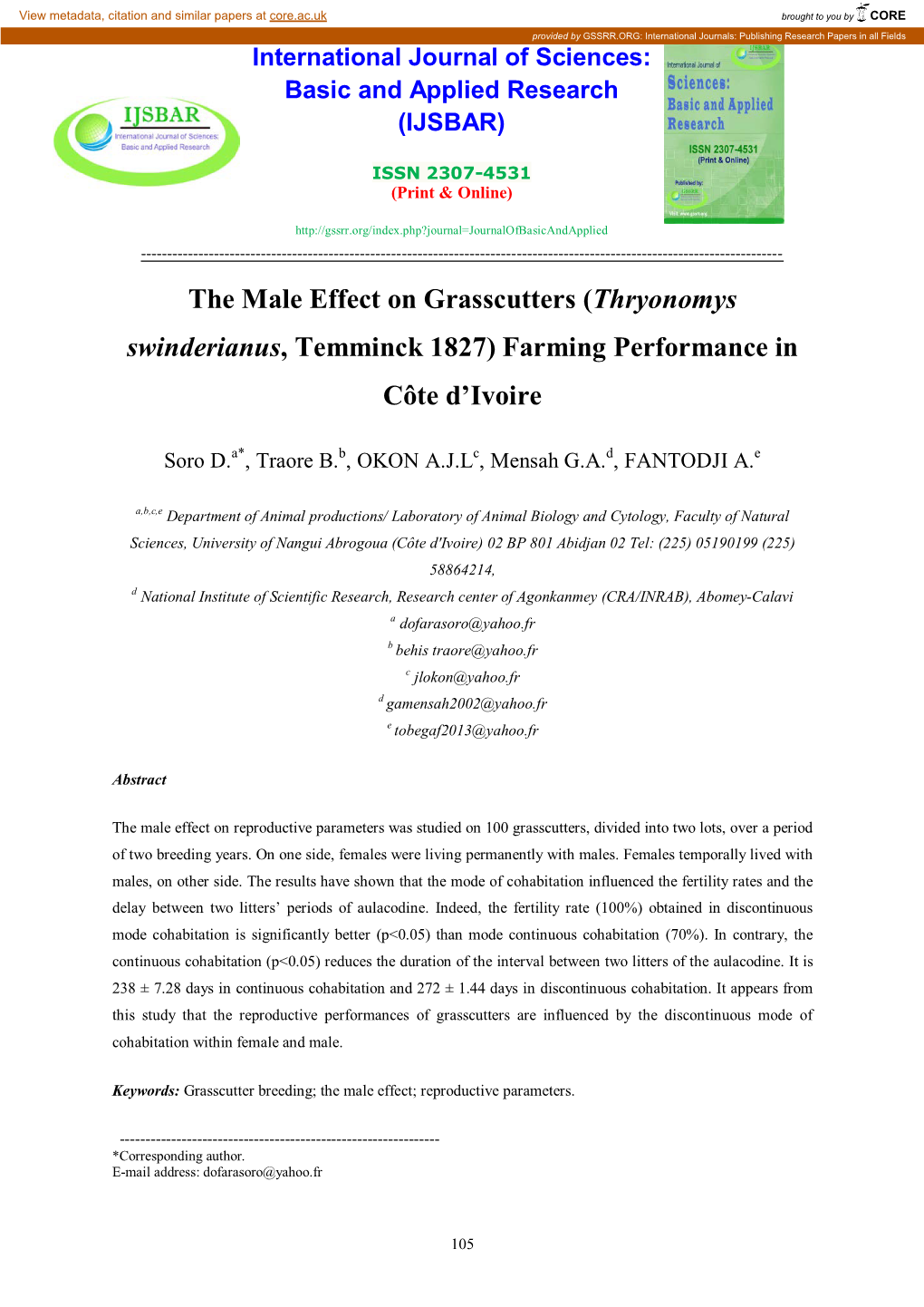 The Male Effect on Grasscutters (Thryonomys Swinderianus, Temminck 1827) Farming Performance in Côte D’Ivoire