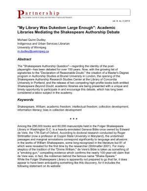 Academic Libraries Mediating the Shakespeare Authorship Debate