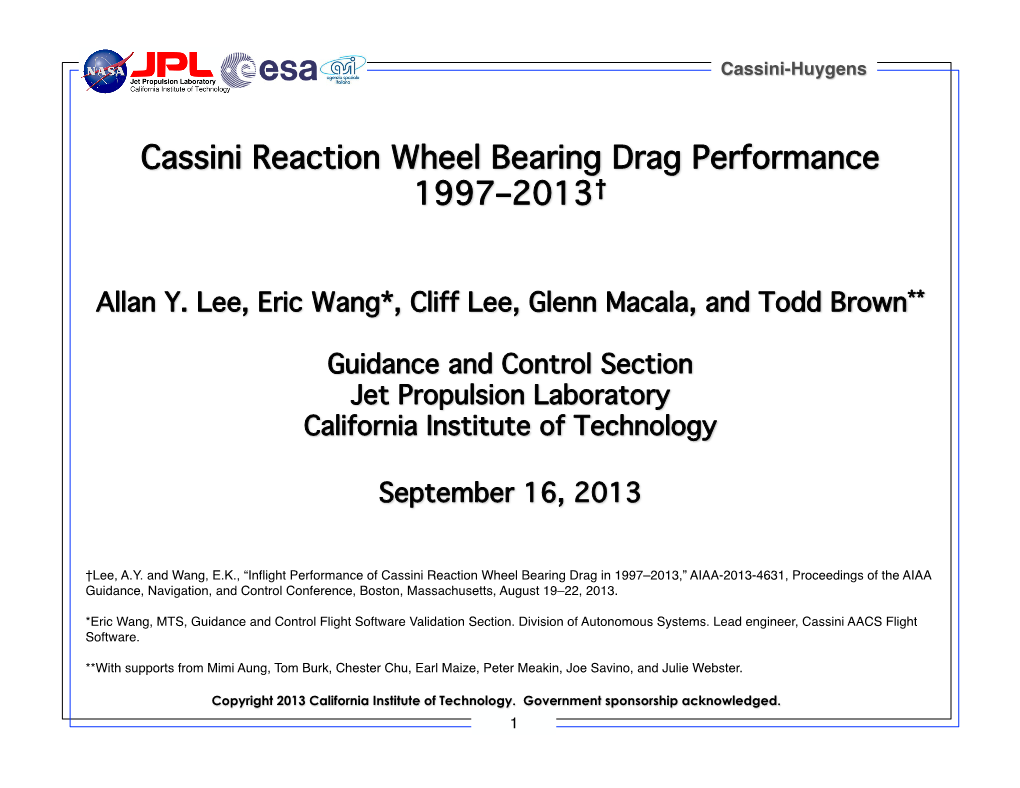 Cassini Reaction Wheel Bearing Drag Performance 1997–2013†