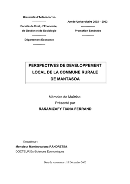 Perspectives De Developpement Local De La Commune Rurale De Mantasoa