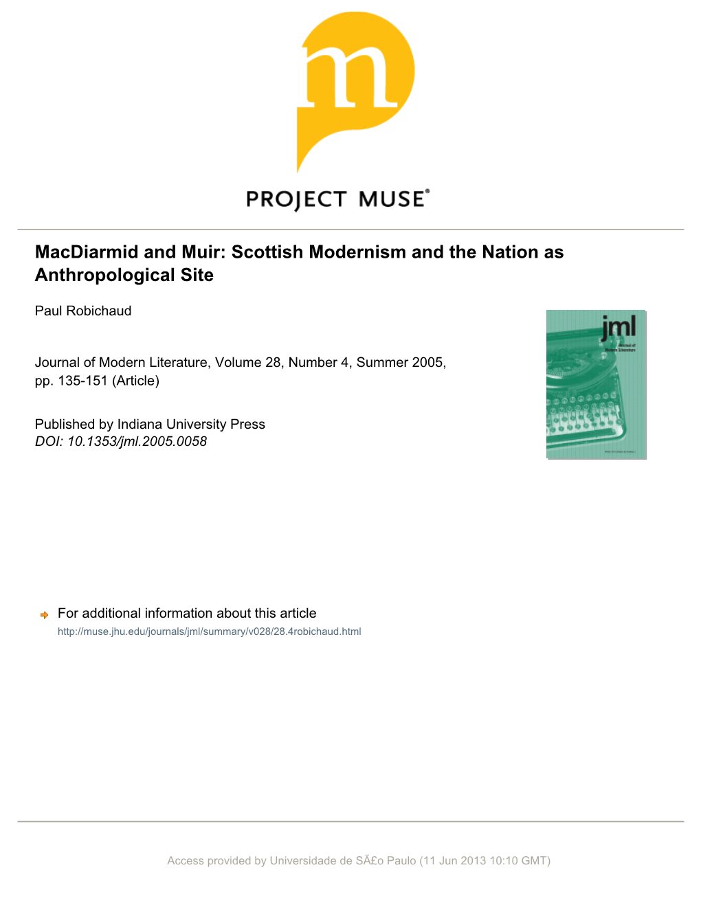 Macdiarmid and Muir: Scottish Modernism and the Nation As Anthropological Site