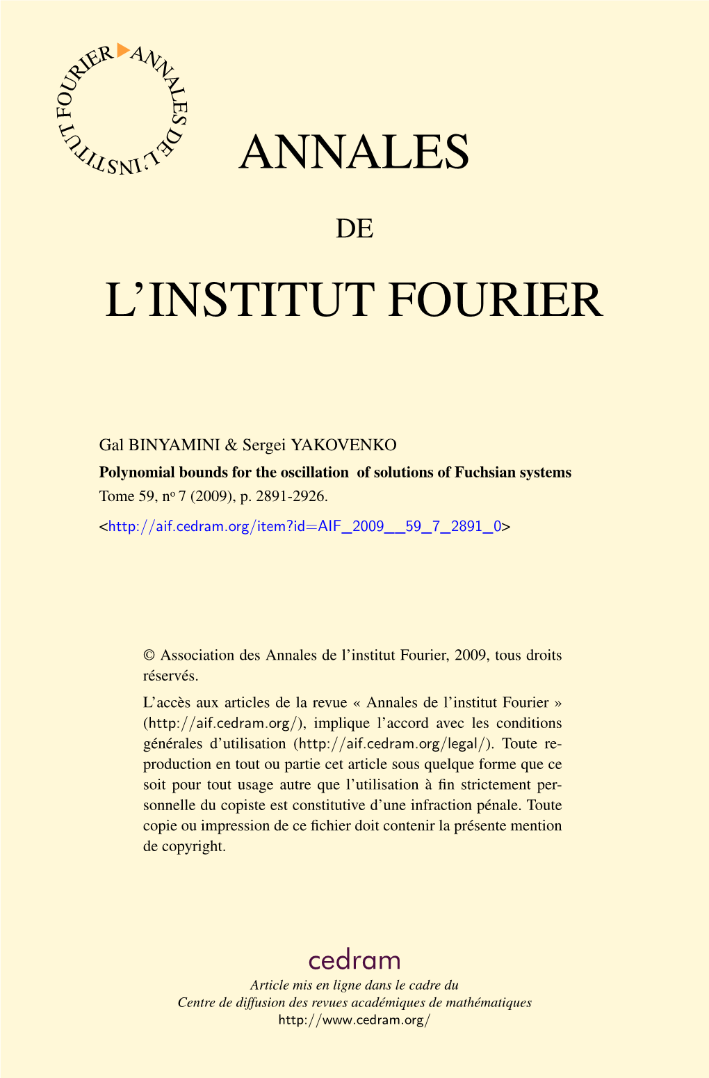 Polynomial Bounds for the Oscillation of Solutions of Fuchsian Systems Tome 59, No 7 (2009), P