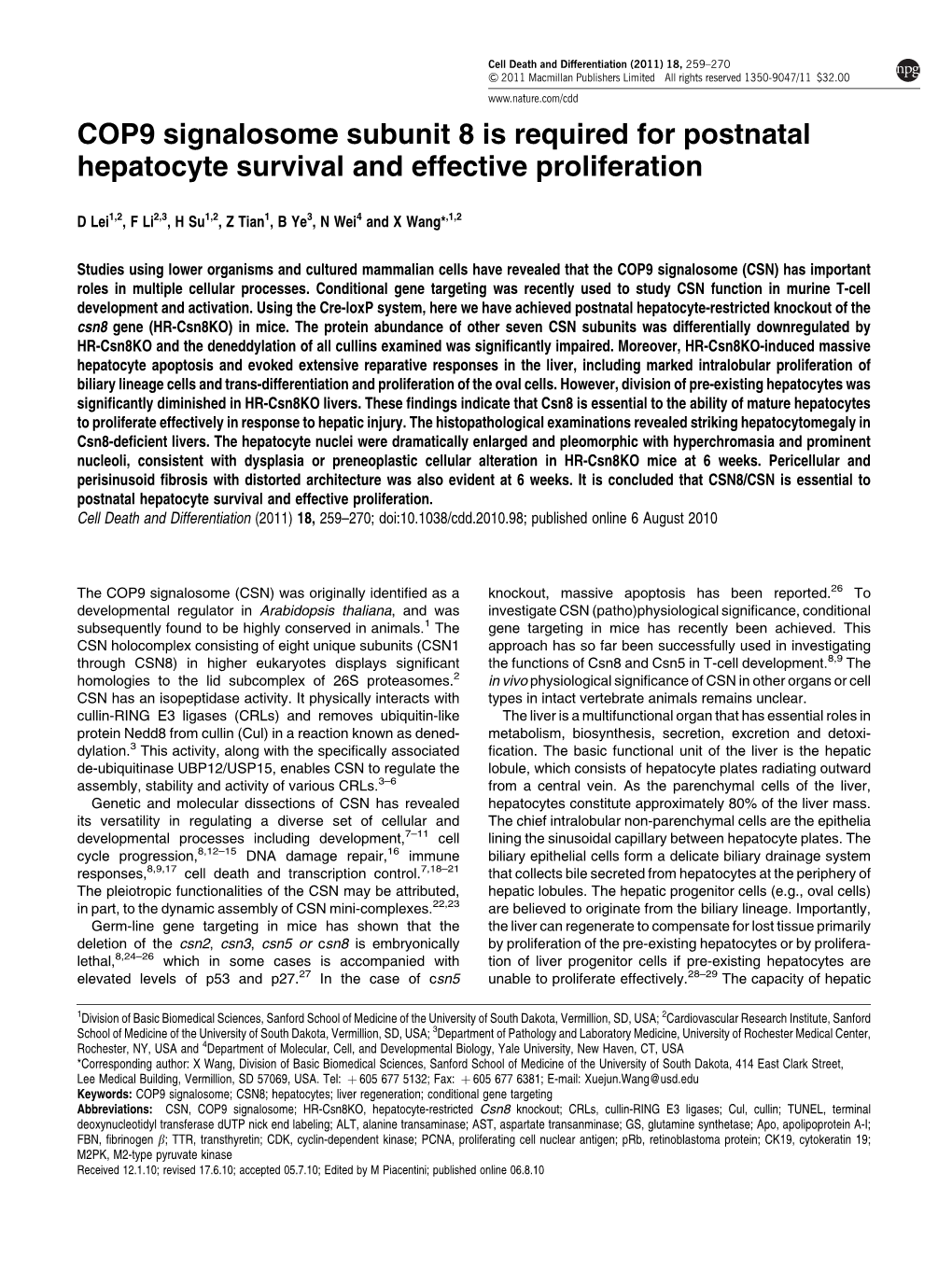 COP9 Signalosome Subunit 8 Is Required for Postnatal Hepatocyte Survival and Effective Proliferation