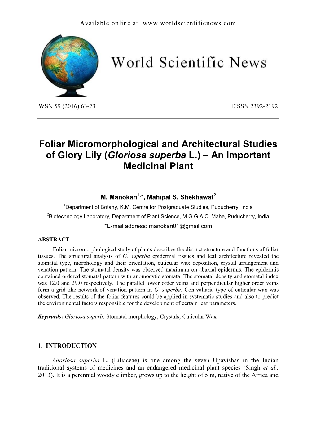 Foliar Micromorphological and Architectural Studies of Glory Lily (Gloriosa Superba L.) – an Important Medicinal Plant