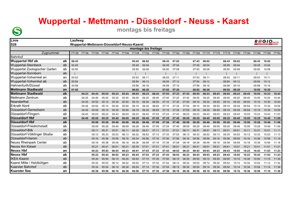 Wuppertal - Mettmann - Düsseldorf - Neuss - Kaarst Montags Bis Freitags