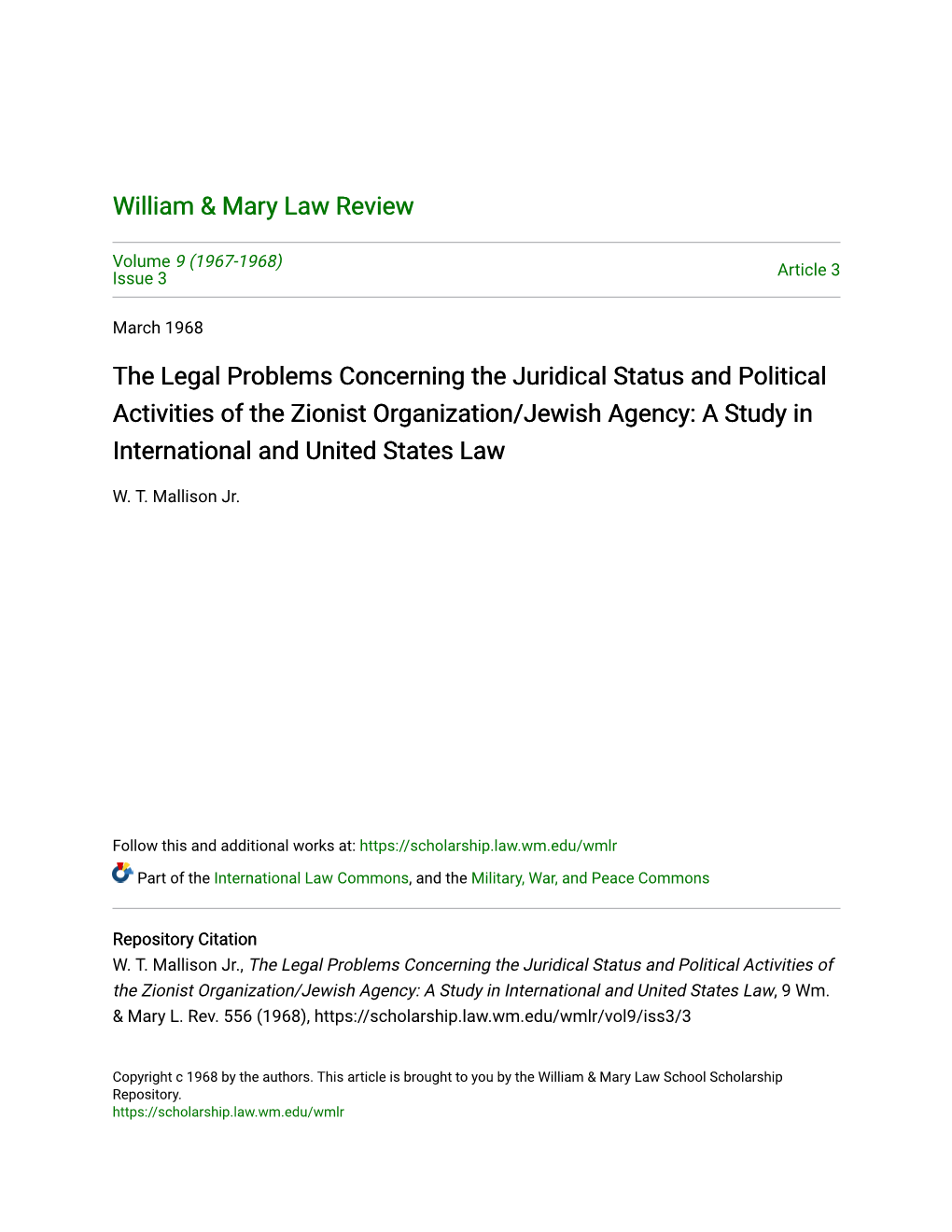 The Legal Problems Concerning the Juridical Status and Political Activities of the Zionist Organization/Jewish Agency: a Study in International and United States Law