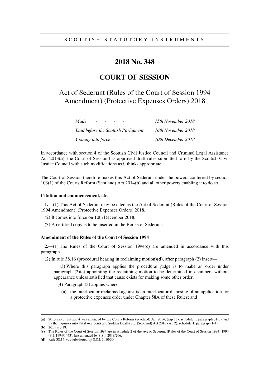 Act of Sederunt (Rules of the Court of Session 1994 Amendment) (Protective Expenses Orders) 2018