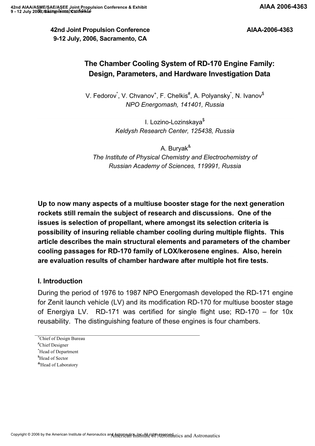 Chamber Cooling System of RD-170 Engine Family: Design, Parameters, and Hardware Investigation Data