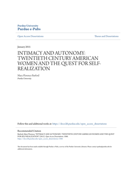 Intimacy and Autonomy: Twentieth Century American Women and the Quest for Self-Realization" (2015)
