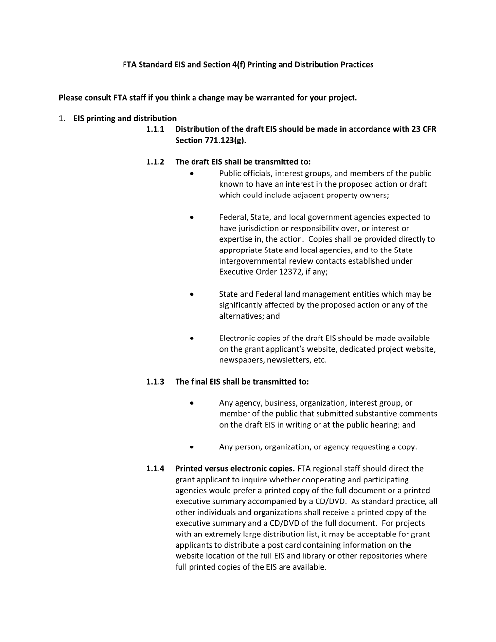 FTA Standard EIS and Section 4(F) Printing and Distribution Practices