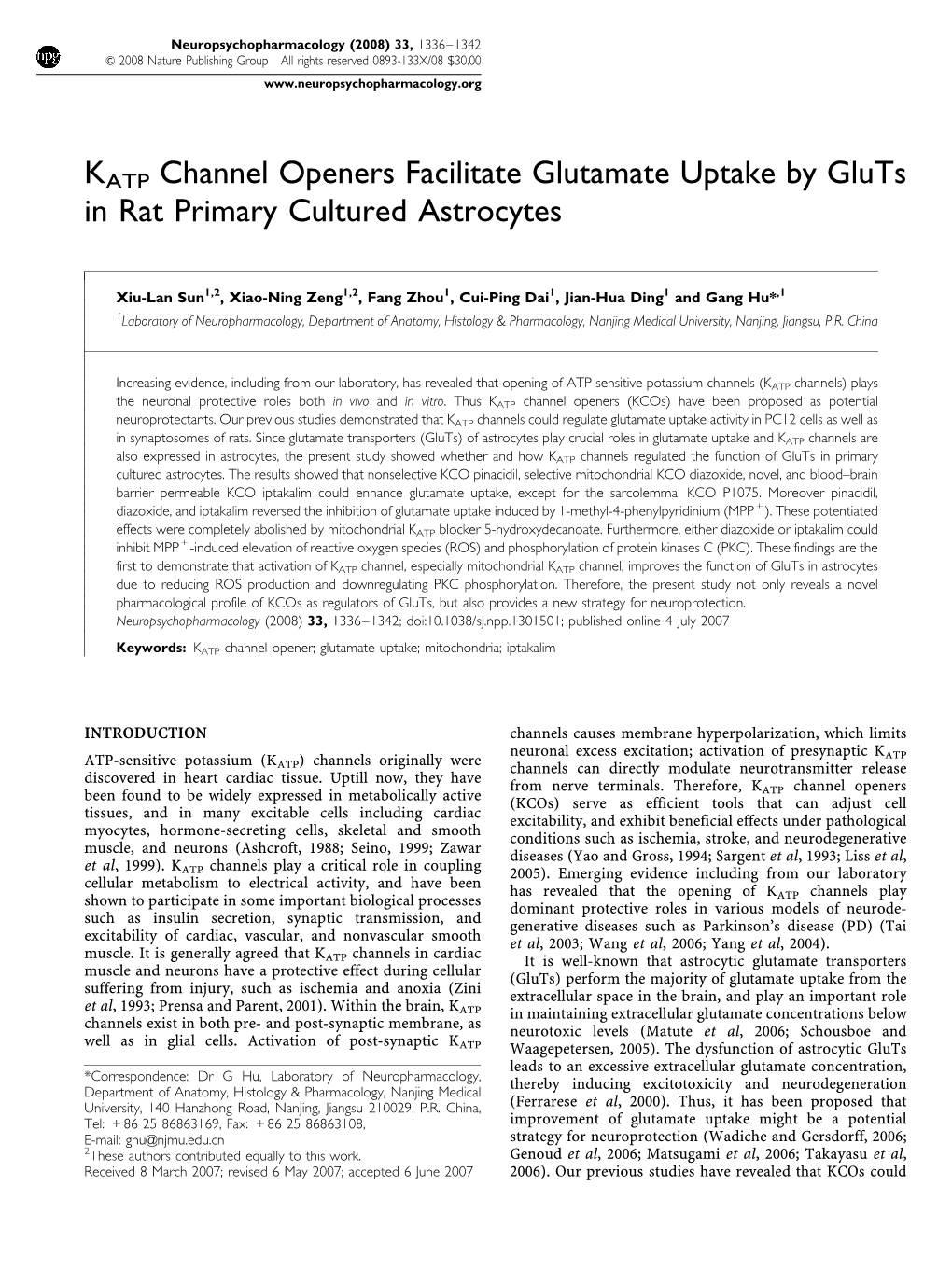 KATP Channel Openers Facilitate Glutamate Uptake by Gluts in Rat Primary Cultured Astrocytes