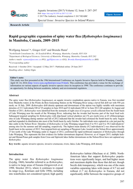 Rapid Geographic Expansion of Spiny Water Flea (Bythotrephes Longimanus) in Manitoba, Canada, 2009–2015