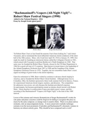 Rachmaninoff's Vespers (All-Night Vigil)”-- Robert Shaw Festival Singers (1990) Added to the National Registry: 2016 Essay by Joseph Swain (Guest Post)*