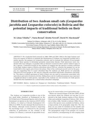 Distribution of Two Andean Small Cats (Leopardus Jacobita and Leopardus Colocolo) in Bolivia and the Potential Impacts of Traditional Beliefs on Their Conservation