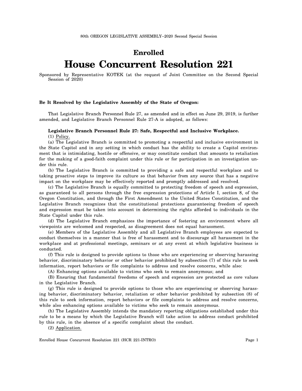 House Concurrent Resolution 221 Sponsored by Representative KOTEK (At the Request of Joint Committee on the Second Special Session of 2020)