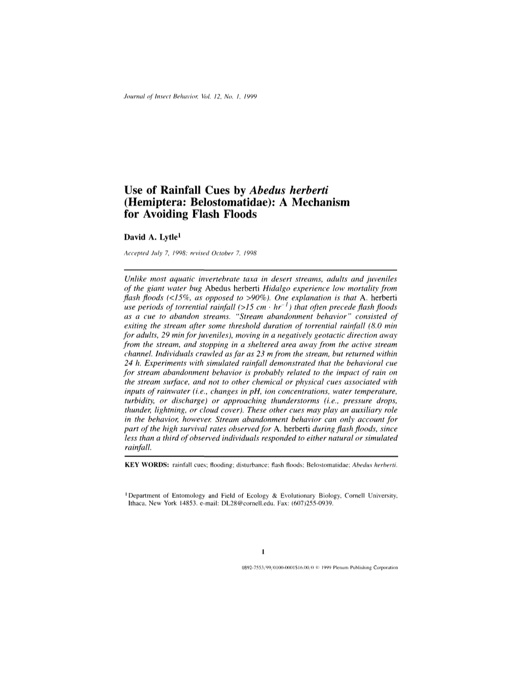 Use of Rainfall Cues by Abedus Herberti (Hemiptera: Belostomatidae): a Mechanism for Avoiding Flash Floods