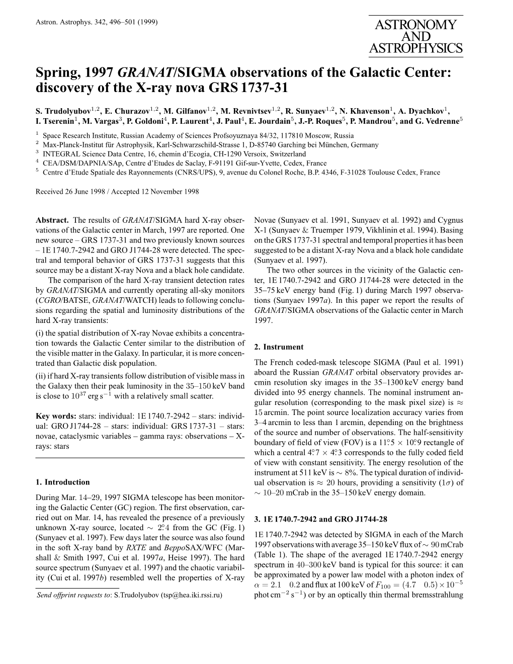 ASTRONOMY and ASTROPHYSICS Spring, 1997 GRANAT/SIGMA Observations of the Galactic Center: Discovery of the X-Ray Nova GRS 1737-31