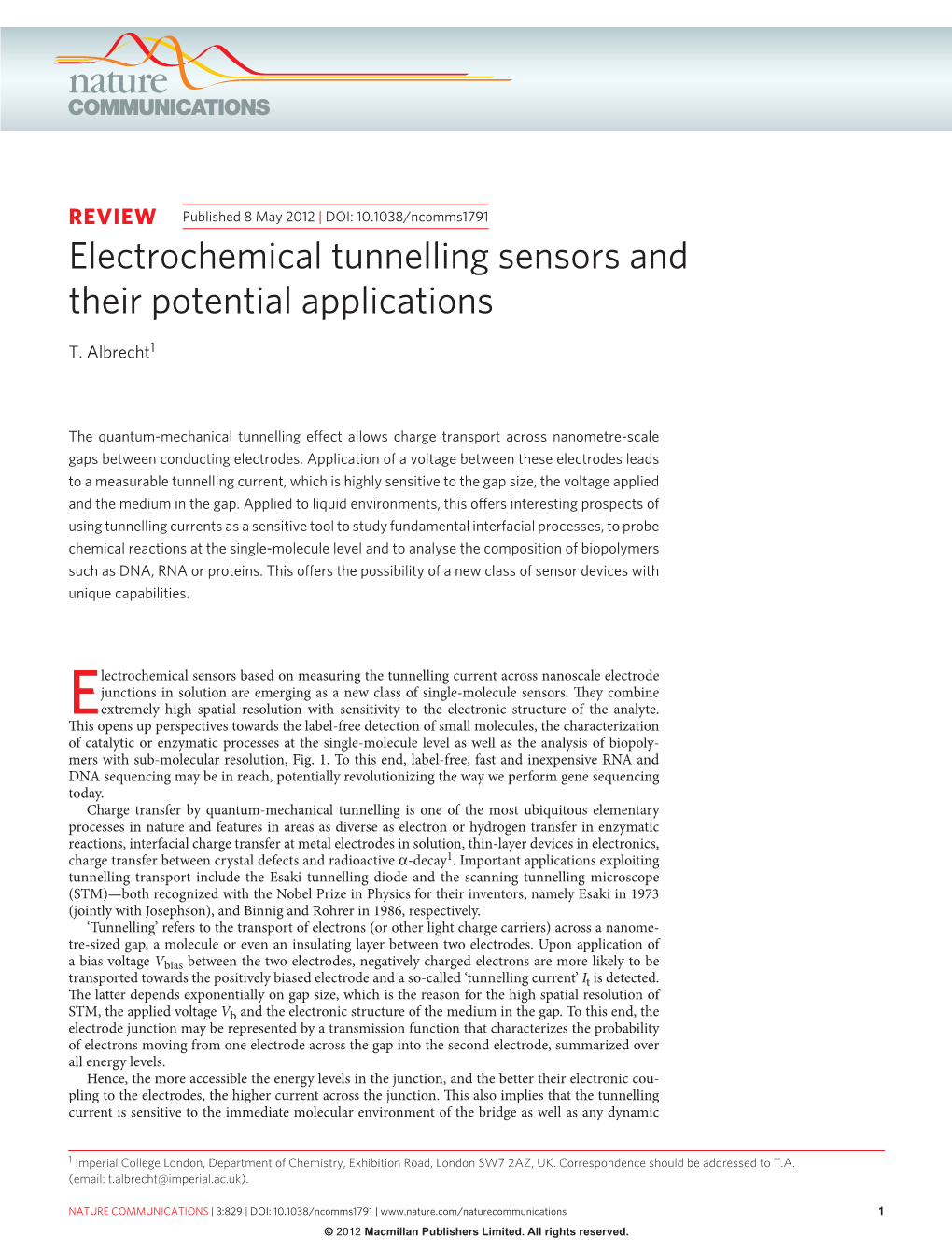 Electrochemical Tunnelling Sensors and Their Potential Applications