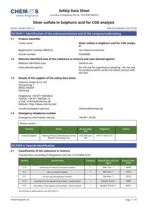 Safety Data Sheet: Silver Sulfate in Sulphuric Acid for COD Analysis