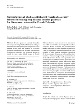 Successful Spread of a Biocontrol Agent Reveals a Biosecurity Failure: Elucidating Long Distance Invasion Pathways for Gonatocerus Ashmeadi in French Polynesia