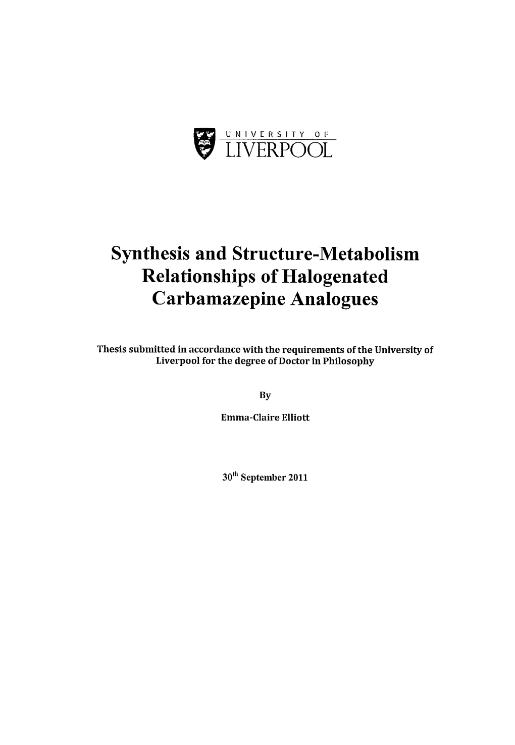 W LIVERPOOL Synthesis and Structure-Metabolism Relationships