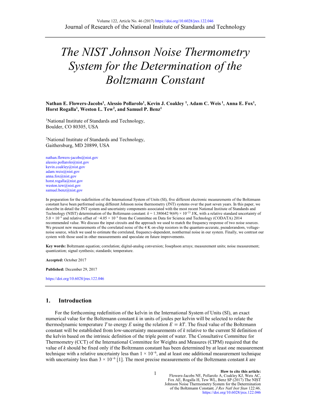 The NIST Johnson Noise Thermometry System for the Determination of the Boltzmann Constant