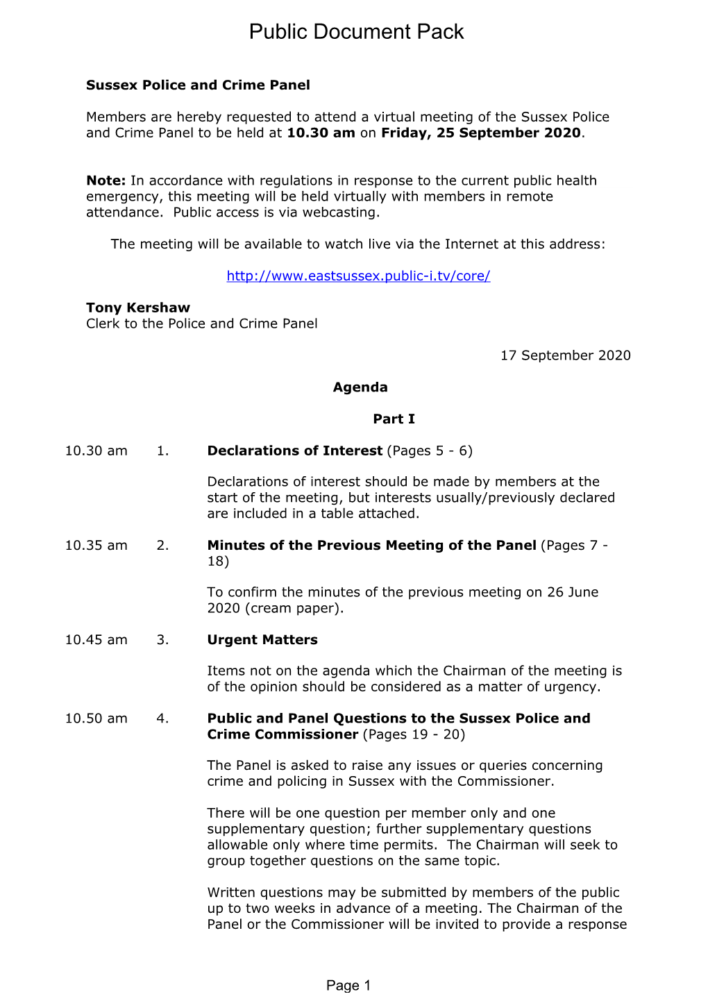 Agenda Document for Sussex Police and Crime Panel, 25/09/2020 10:30