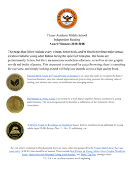 Thayer Academy Middle School Independent Reading Award