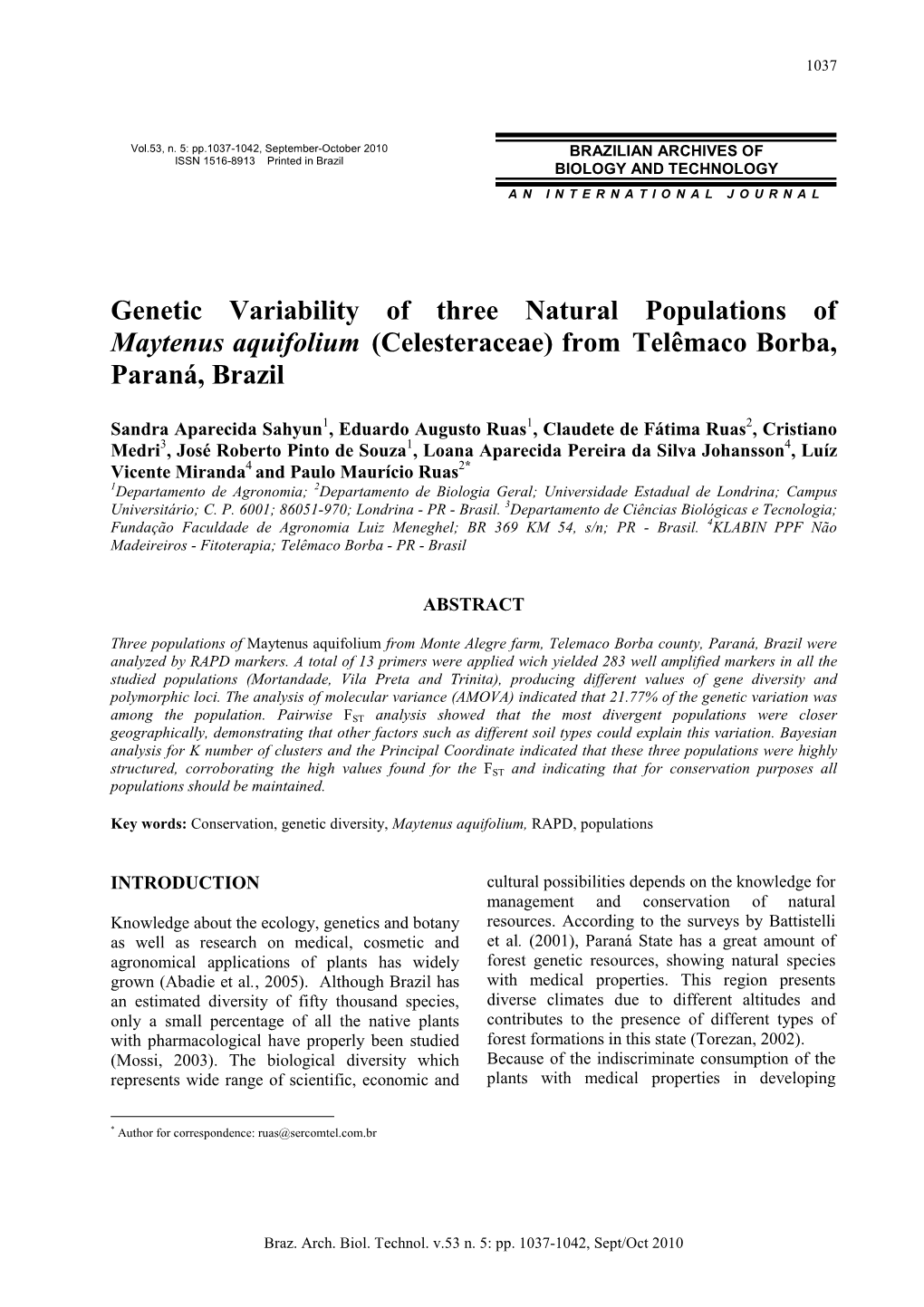 Genetic Variability of Three Natural Populations of Maytenus Aquifolium (Celesteraceae) from Telêmaco Borba, Paraná, Brazil