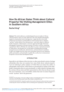 How Do African States Think About Cultural Property? Re-Visiting Management Elites in Southern Africa Rachel King*